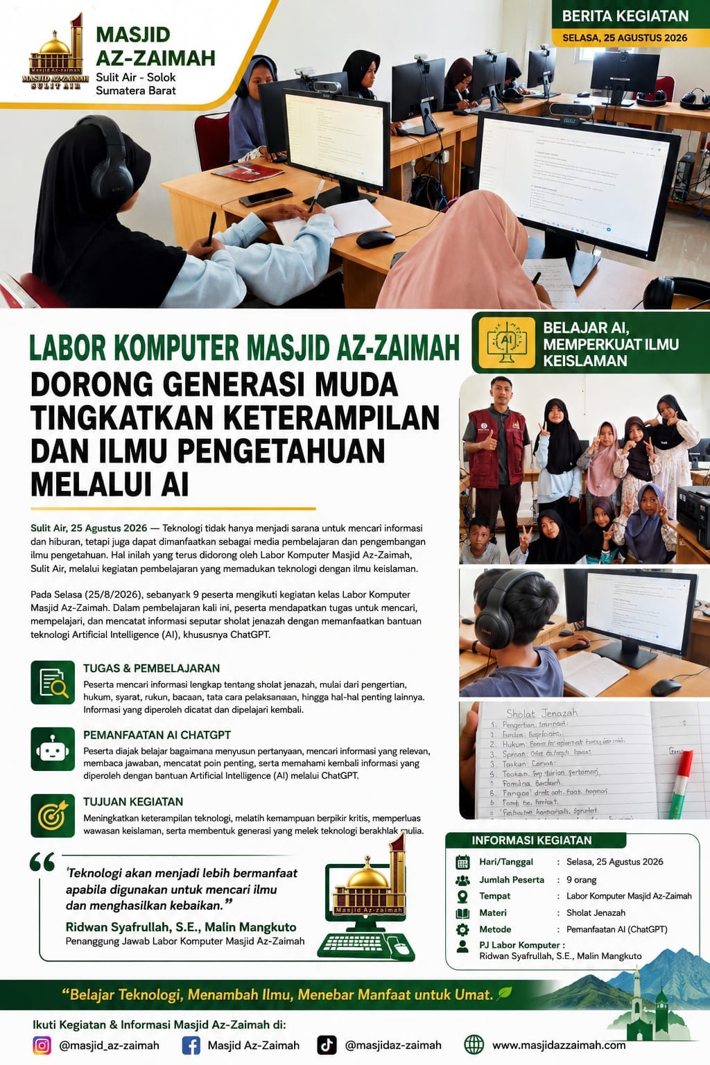Tingkatkan Keterampilan dan Ilmu Pengetahuan, Labor Komputer Masjid Az-Zaimah Kenalkan Pemanfaatan AI dalam Pembelajaran